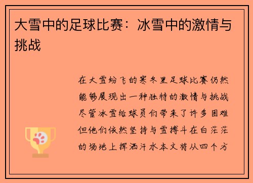 大雪中的足球比赛：冰雪中的激情与挑战