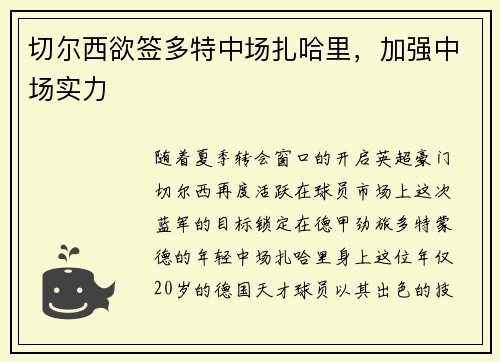 切尔西欲签多特中场扎哈里，加强中场实力