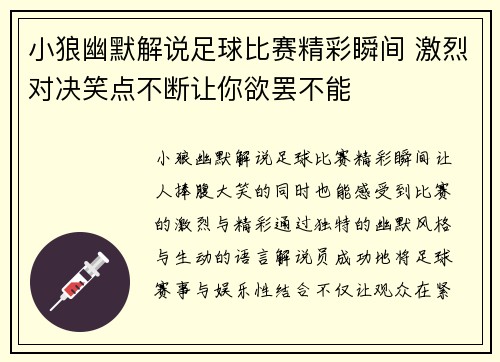 小狼幽默解说足球比赛精彩瞬间 激烈对决笑点不断让你欲罢不能