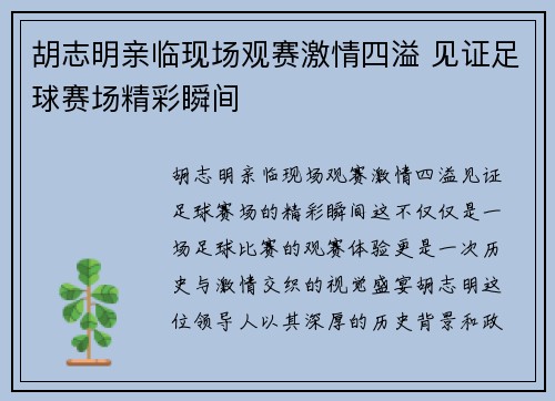胡志明亲临现场观赛激情四溢 见证足球赛场精彩瞬间