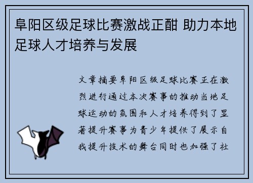阜阳区级足球比赛激战正酣 助力本地足球人才培养与发展