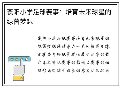 襄阳小学足球赛事：培育未来球星的绿茵梦想