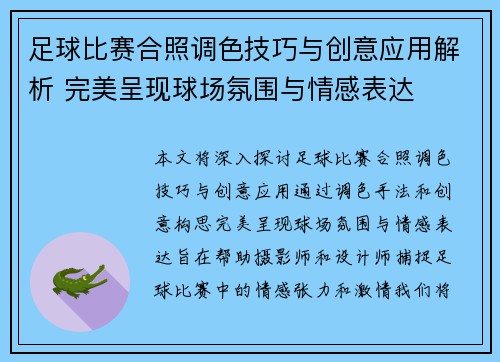 足球比赛合照调色技巧与创意应用解析 完美呈现球场氛围与情感表达