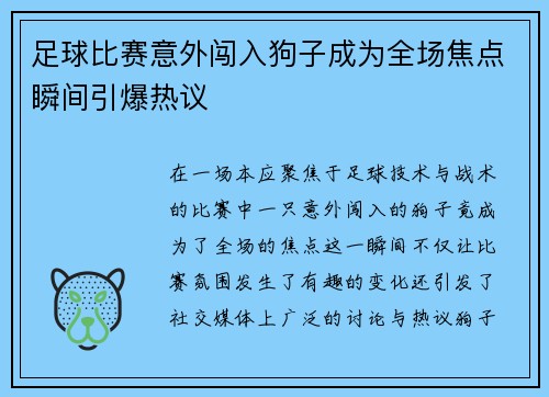 足球比赛意外闯入狗子成为全场焦点瞬间引爆热议