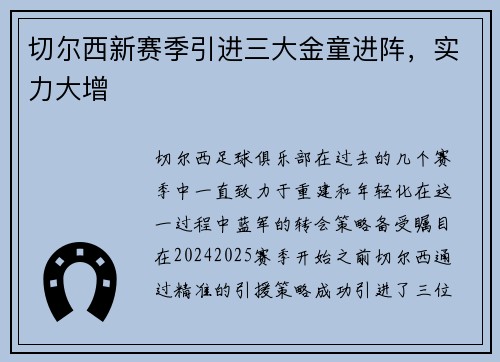 切尔西新赛季引进三大金童进阵，实力大增