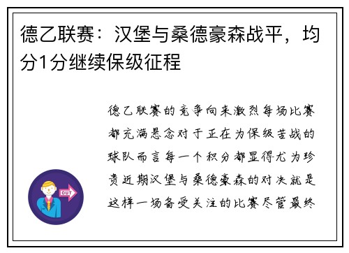 德乙联赛：汉堡与桑德豪森战平，均分1分继续保级征程