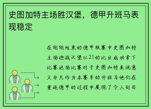 史图加特主场胜汉堡，德甲升班马表现稳定