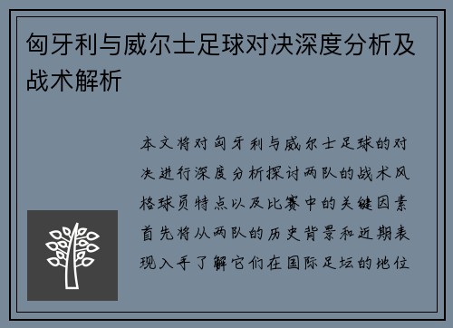 匈牙利与威尔士足球对决深度分析及战术解析