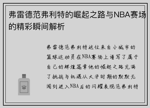 弗雷德范弗利特的崛起之路与NBA赛场的精彩瞬间解析