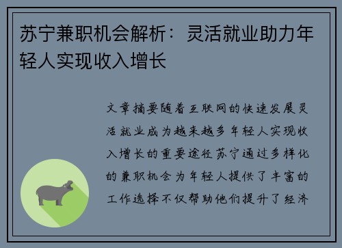 苏宁兼职机会解析：灵活就业助力年轻人实现收入增长