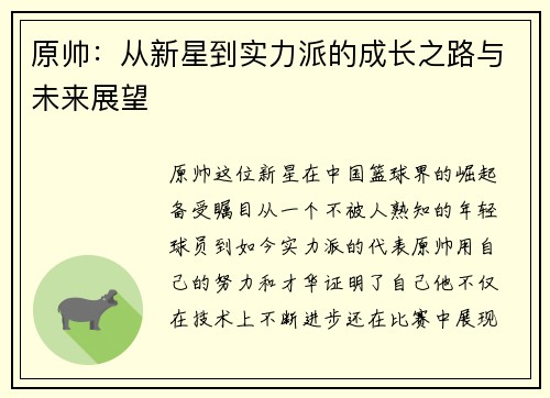 原帅：从新星到实力派的成长之路与未来展望