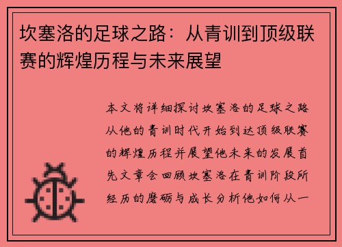 坎塞洛的足球之路：从青训到顶级联赛的辉煌历程与未来展望