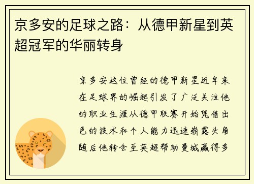 京多安的足球之路：从德甲新星到英超冠军的华丽转身