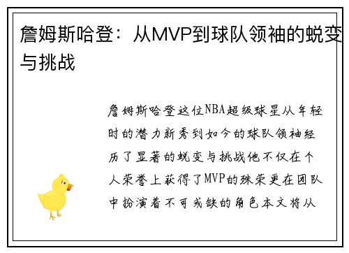 詹姆斯哈登：从MVP到球队领袖的蜕变与挑战